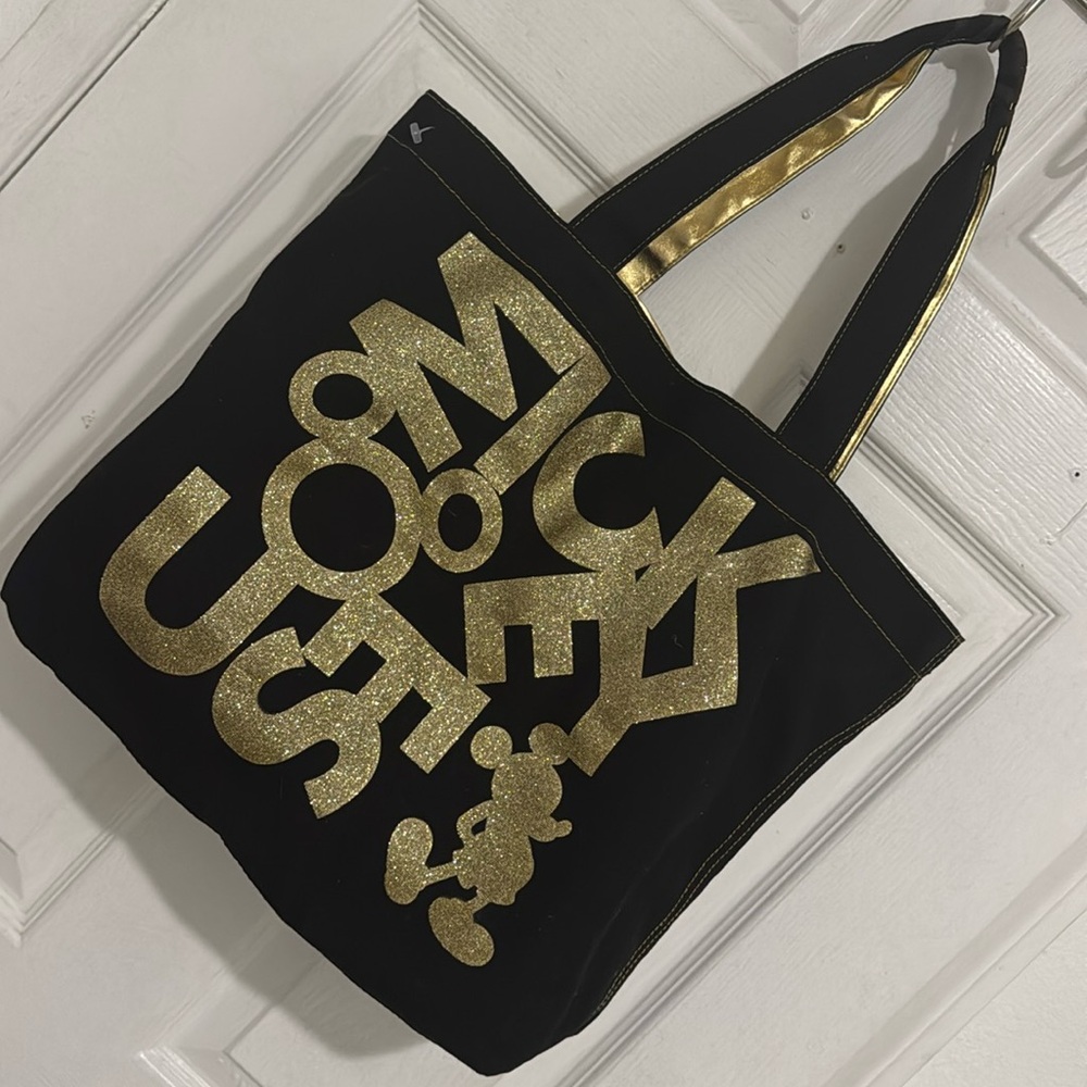 Disney Parks Mickey Mouse Black Gold Tote Shoulder Bag Size Large 18”X 13”